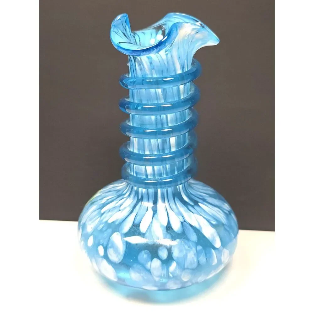 Vtg. Blue White Spatter Art Glass Bud Vase Applied Glass Wrap Hand Blown Ruffle